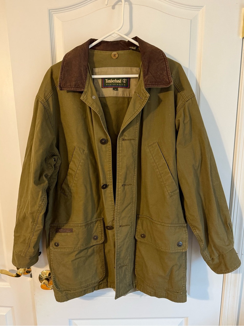 Vintage Timberland Olive Green Field Jacket with Brown Leather Collar